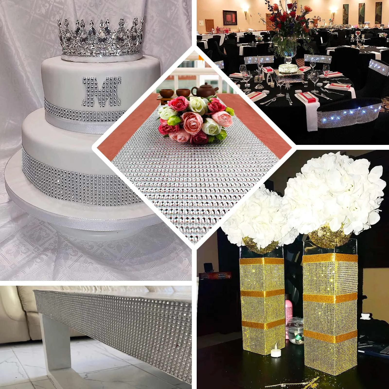 10"x108" Gold Diamond Rhinestone Mesh Table Runner, Crystal Rhinestone Ribbon Bling Roll