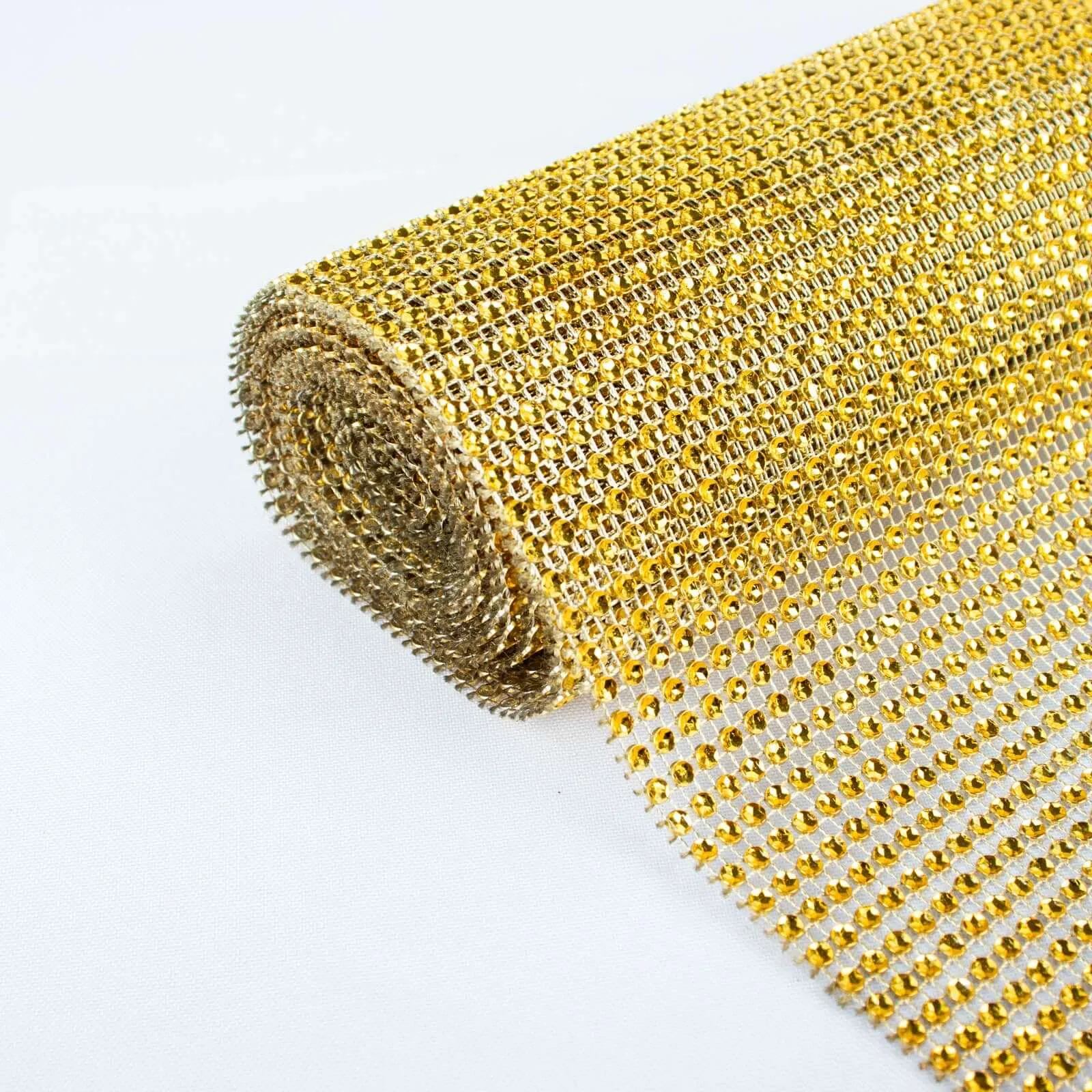 10"x108" Gold Diamond Rhinestone Mesh Table Runner, Crystal Rhinestone Ribbon Bling Roll