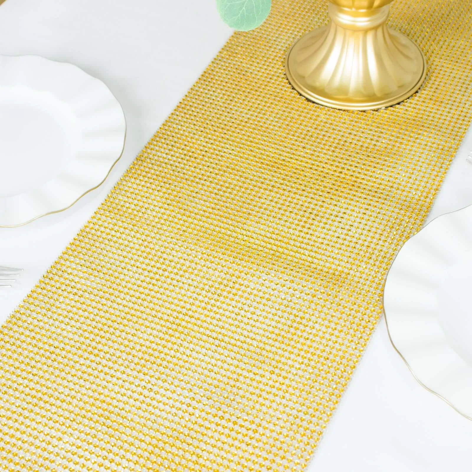 10"x108" Gold Diamond Rhinestone Mesh Table Runner, Crystal Rhinestone Ribbon Bling Roll