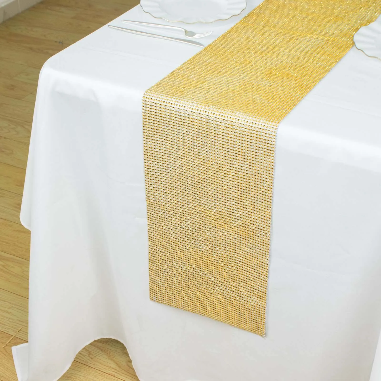 10"x108" Gold Diamond Rhinestone Mesh Table Runner, Crystal Rhinestone Ribbon Bling Roll
