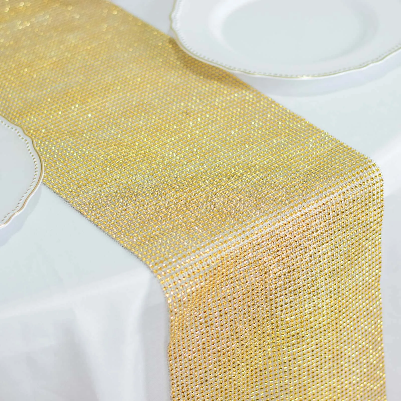 10"x108" Gold Diamond Rhinestone Mesh Table Runner, Crystal Rhinestone Ribbon Bling Roll