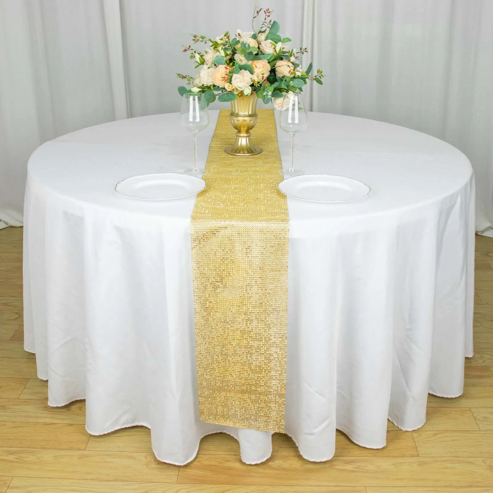 10"x108" Gold Diamond Rhinestone Mesh Table Runner, Crystal Rhinestone Ribbon Bling Roll