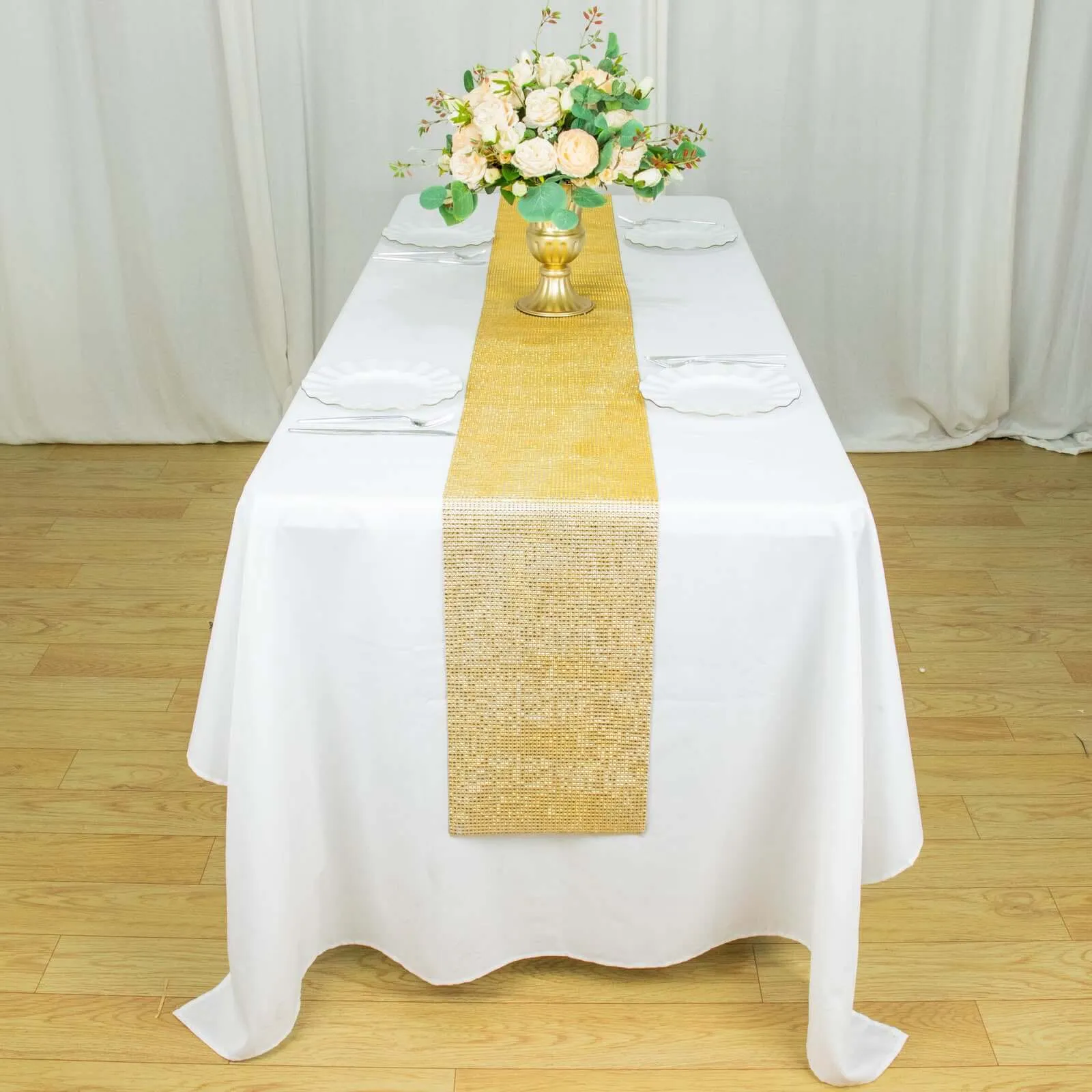 10"x108" Gold Diamond Rhinestone Mesh Table Runner, Crystal Rhinestone Ribbon Bling Roll