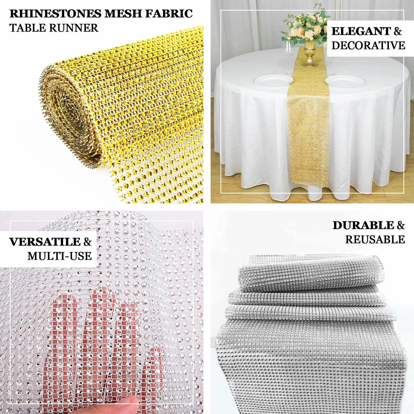 10"x108" Gold Diamond Rhinestone Mesh Table Runner, Crystal Rhinestone Ribbon Bling Roll