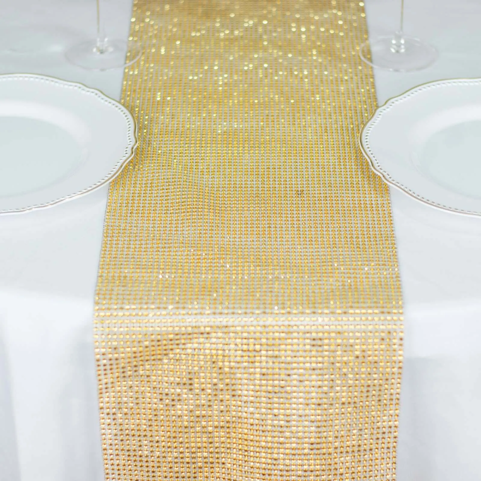 10"x108" Gold Diamond Rhinestone Mesh Table Runner, Crystal Rhinestone Ribbon Bling Roll
