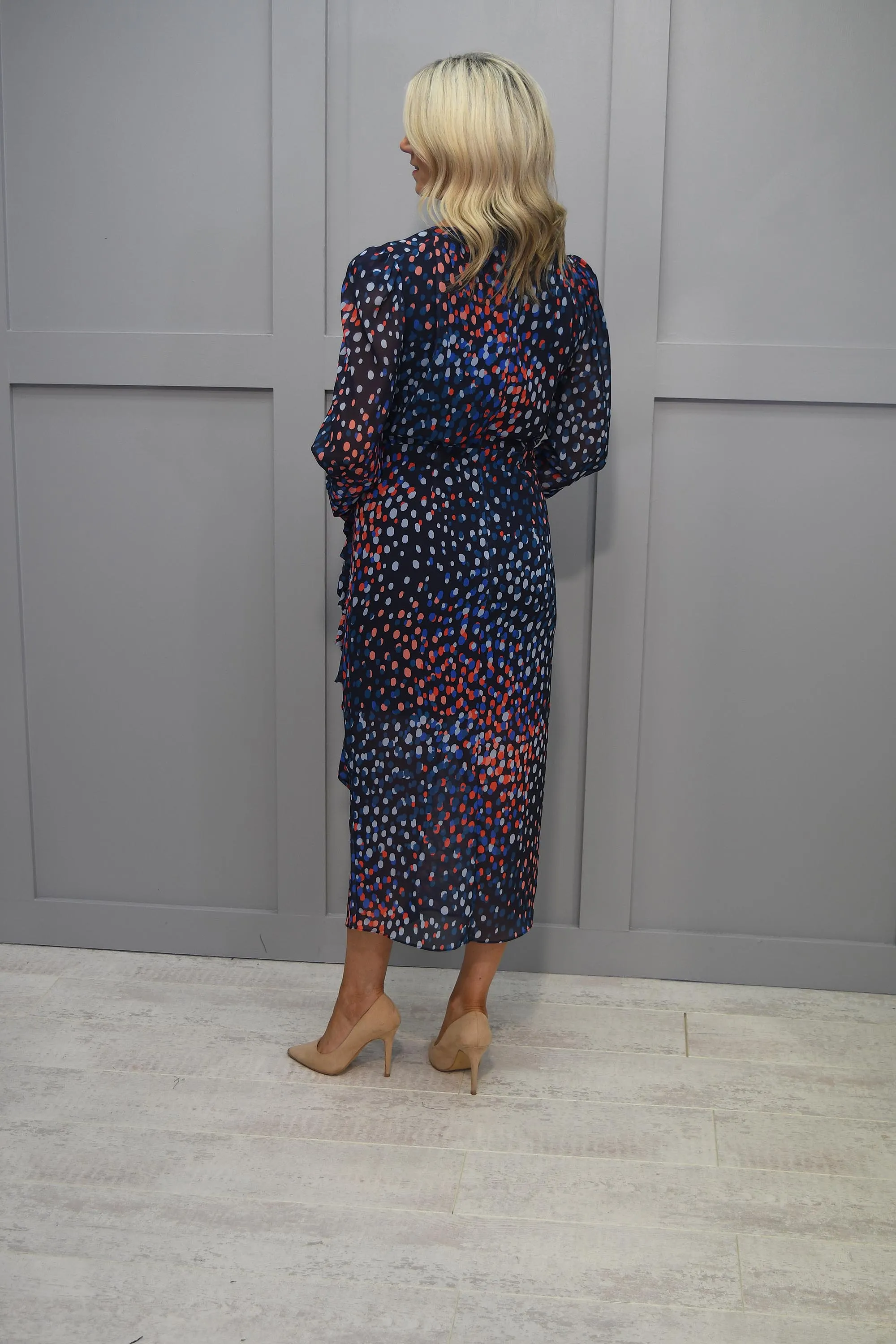 Kate Cooper Navy, Red & Royal Spot Dress With Sheer Detailing - KCAW23105