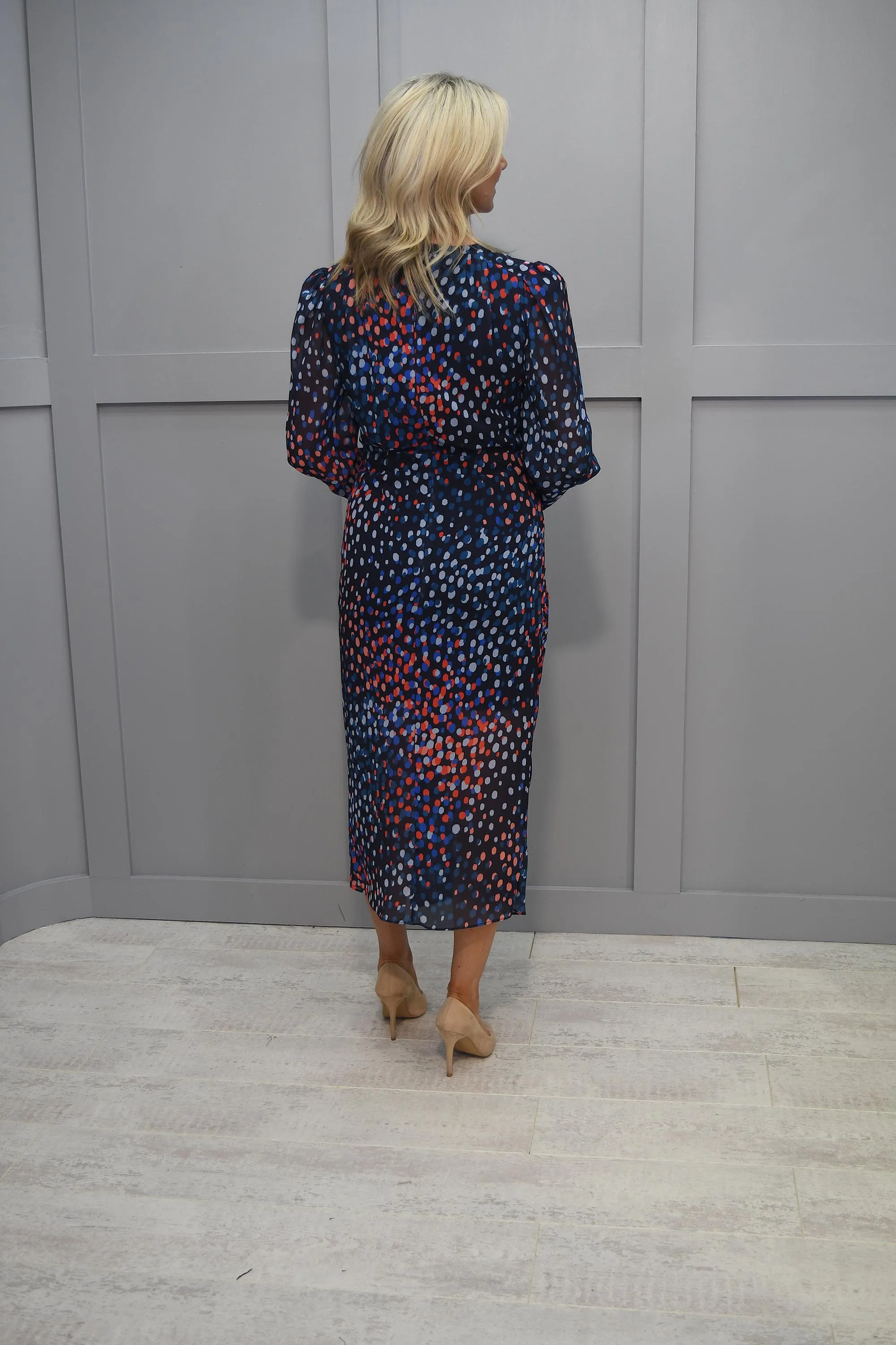 Kate Cooper Navy, Red & Royal Spot Dress With Sheer Detailing - KCAW23105