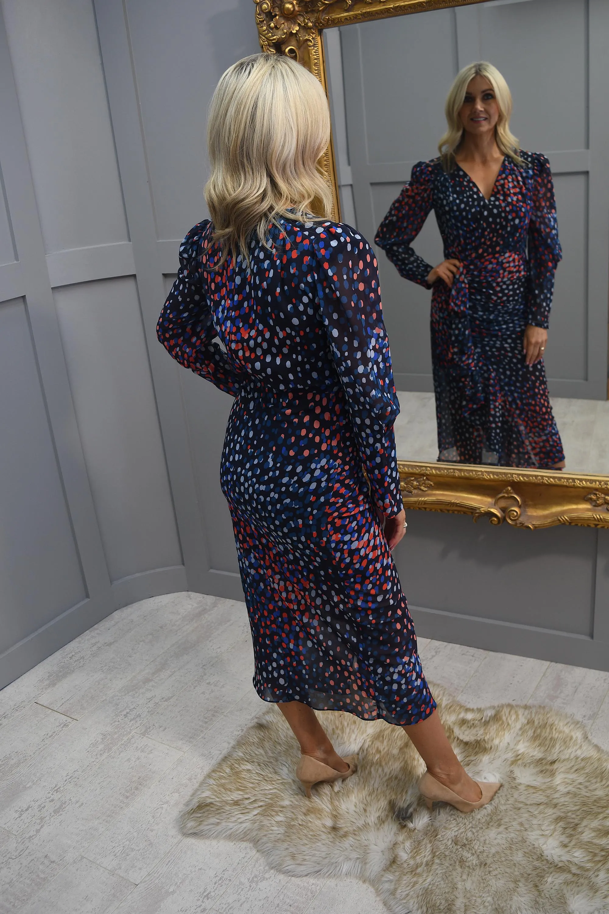 Kate Cooper Navy, Red & Royal Spot Dress With Sheer Detailing - KCAW23105