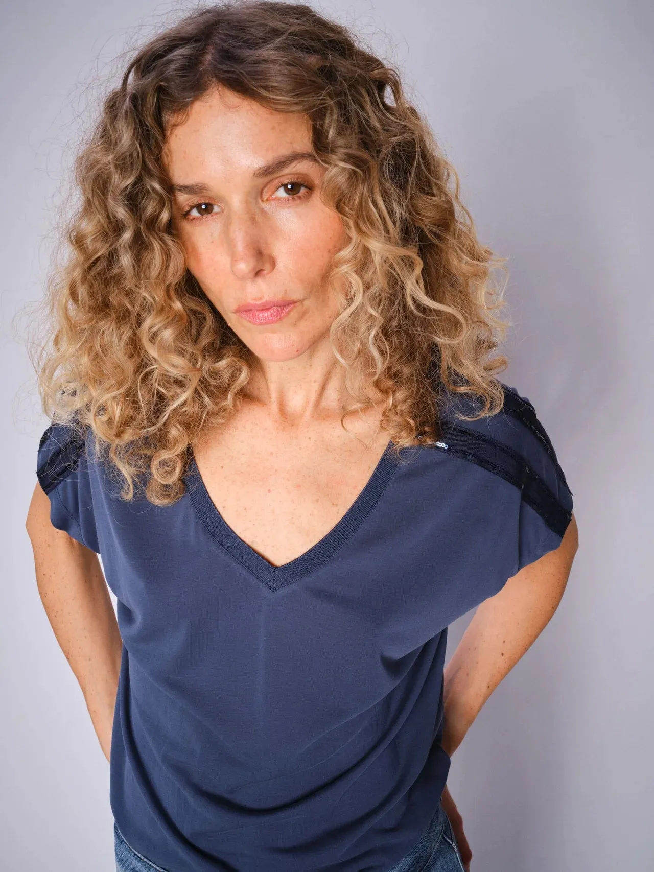 Mos Mosh Narelle Navy Sequin V Neck Tee