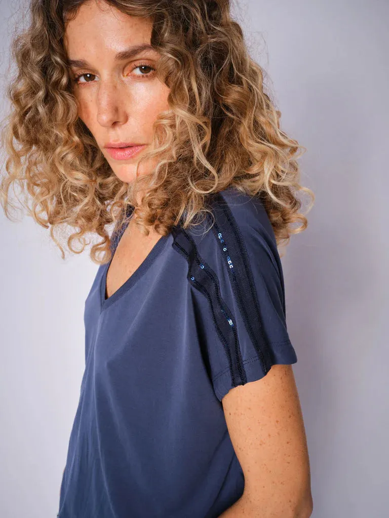 Mos Mosh Narelle Navy Sequin V Neck Tee