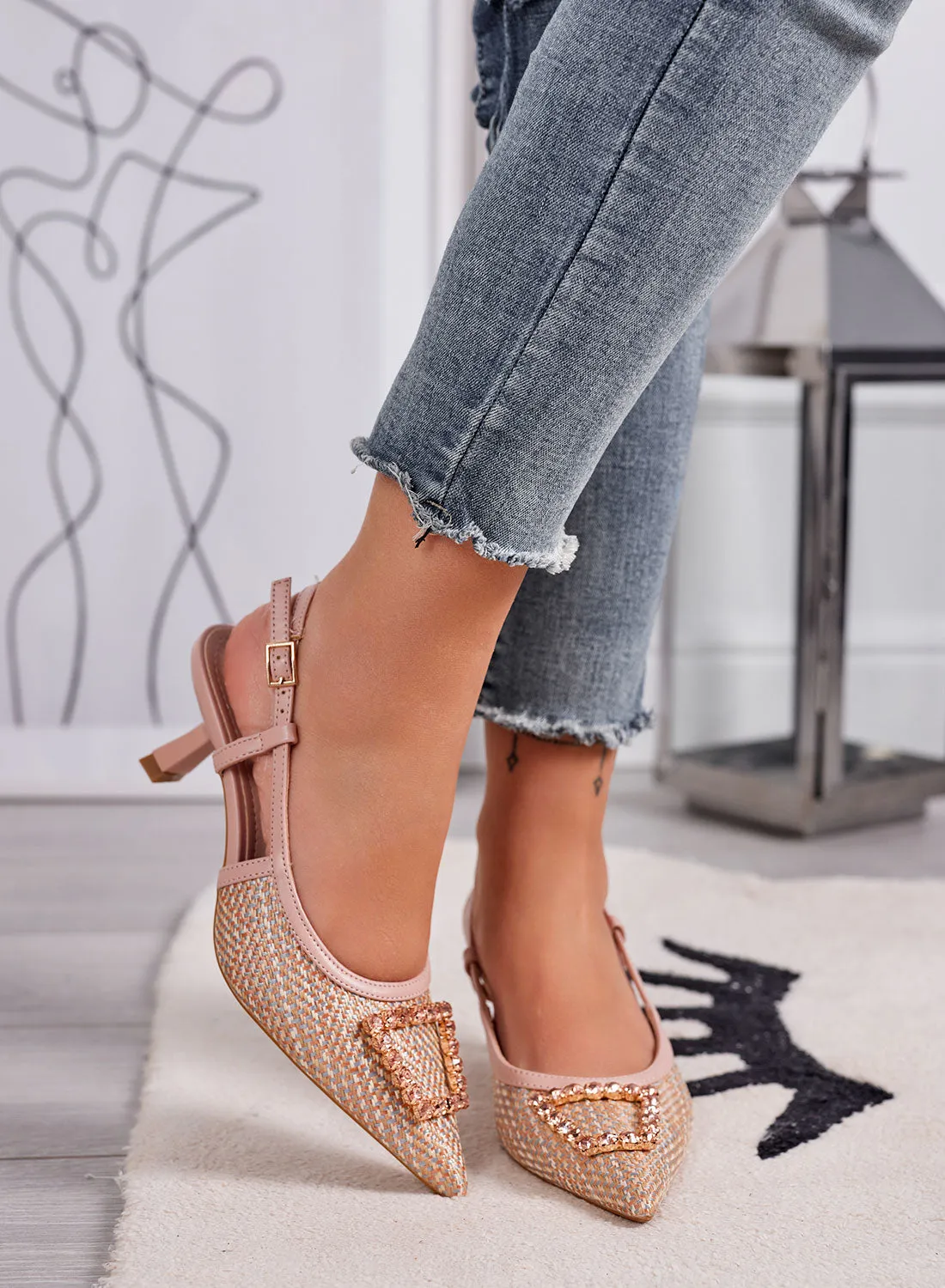 NAIMA - Nude Slingback Pumps in Woven Fabric with Jewel Buckle