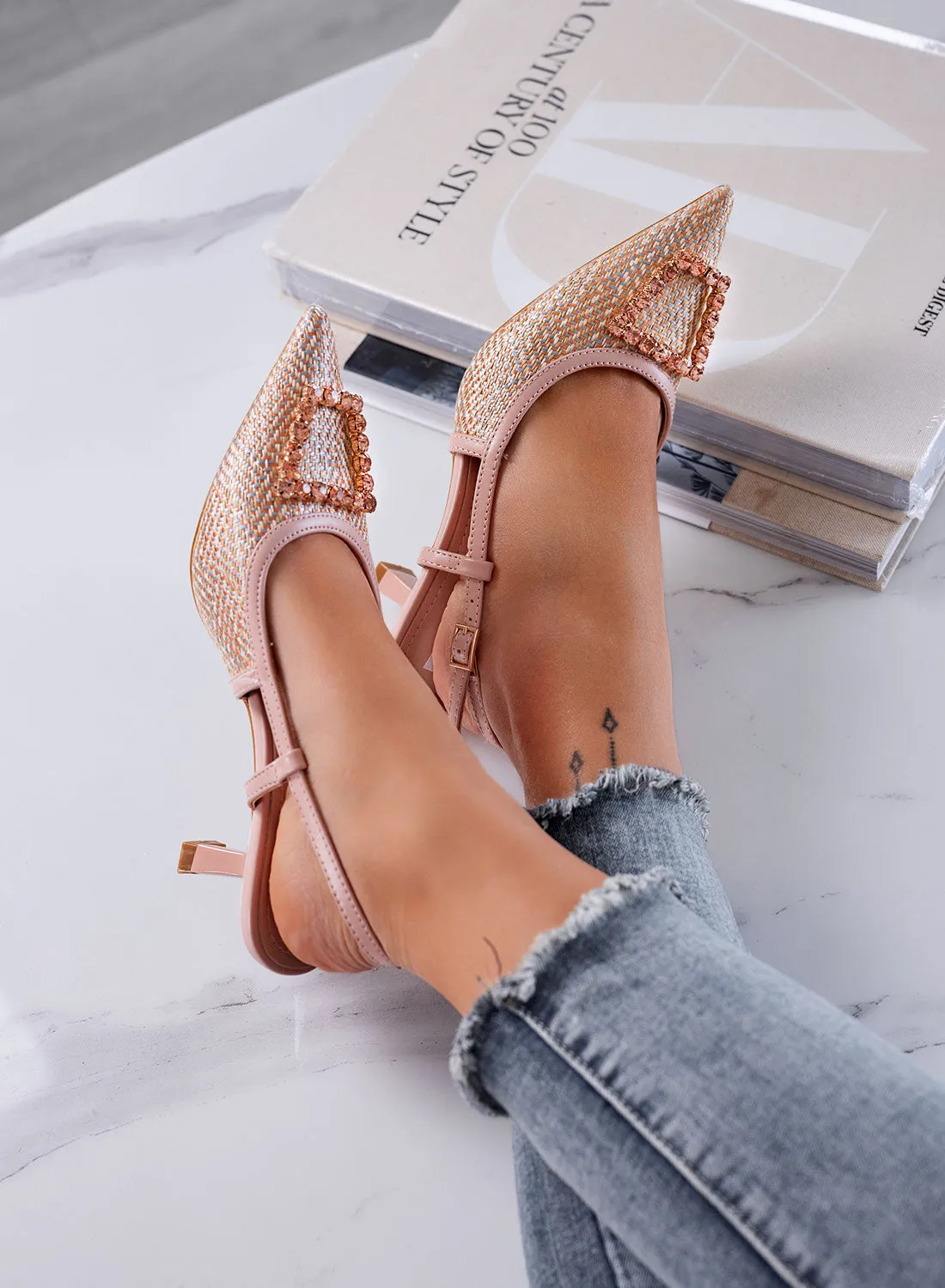 NAIMA - Nude Slingback Pumps in Woven Fabric with Jewel Buckle