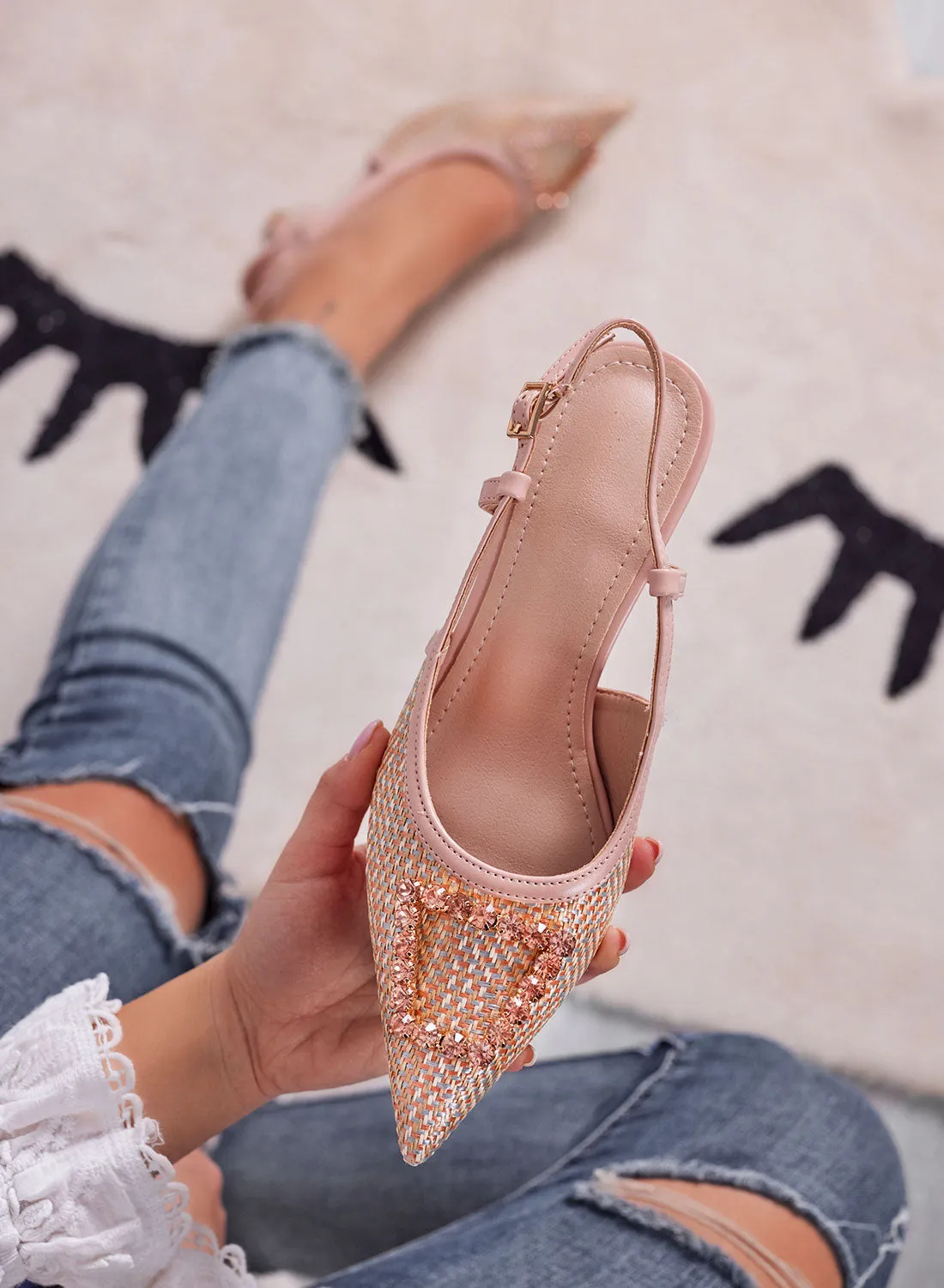 NAIMA - Nude Slingback Pumps in Woven Fabric with Jewel Buckle