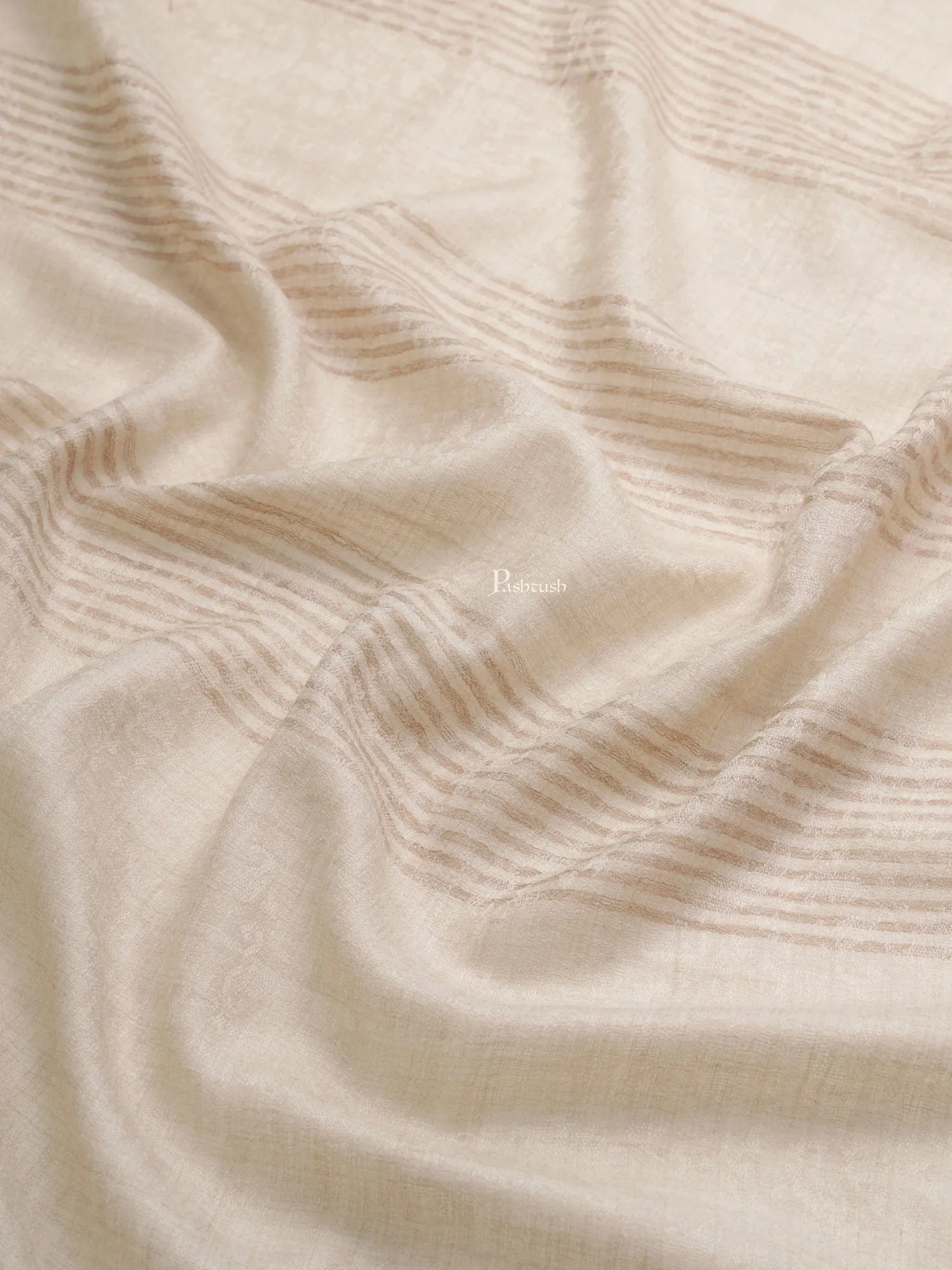Pashtush Womens, Extra Fine Wool, Floral Large Striped Self Woven, Beige