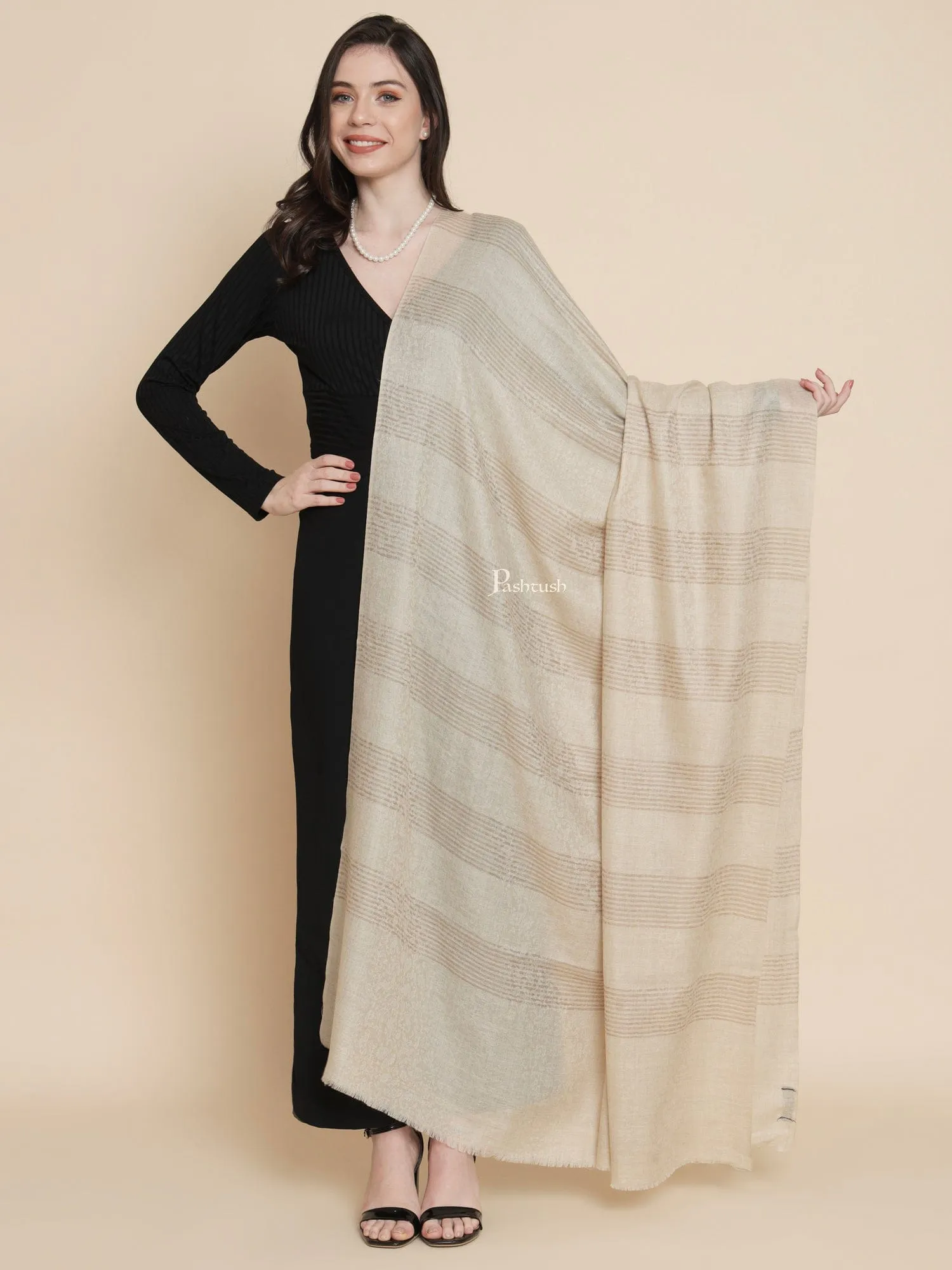 Pashtush Womens, Extra Fine Wool, Floral Large Striped Self Woven, Beige
