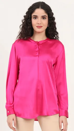 Womens Premium Summer Satin Magenta Front Pleated Tunic