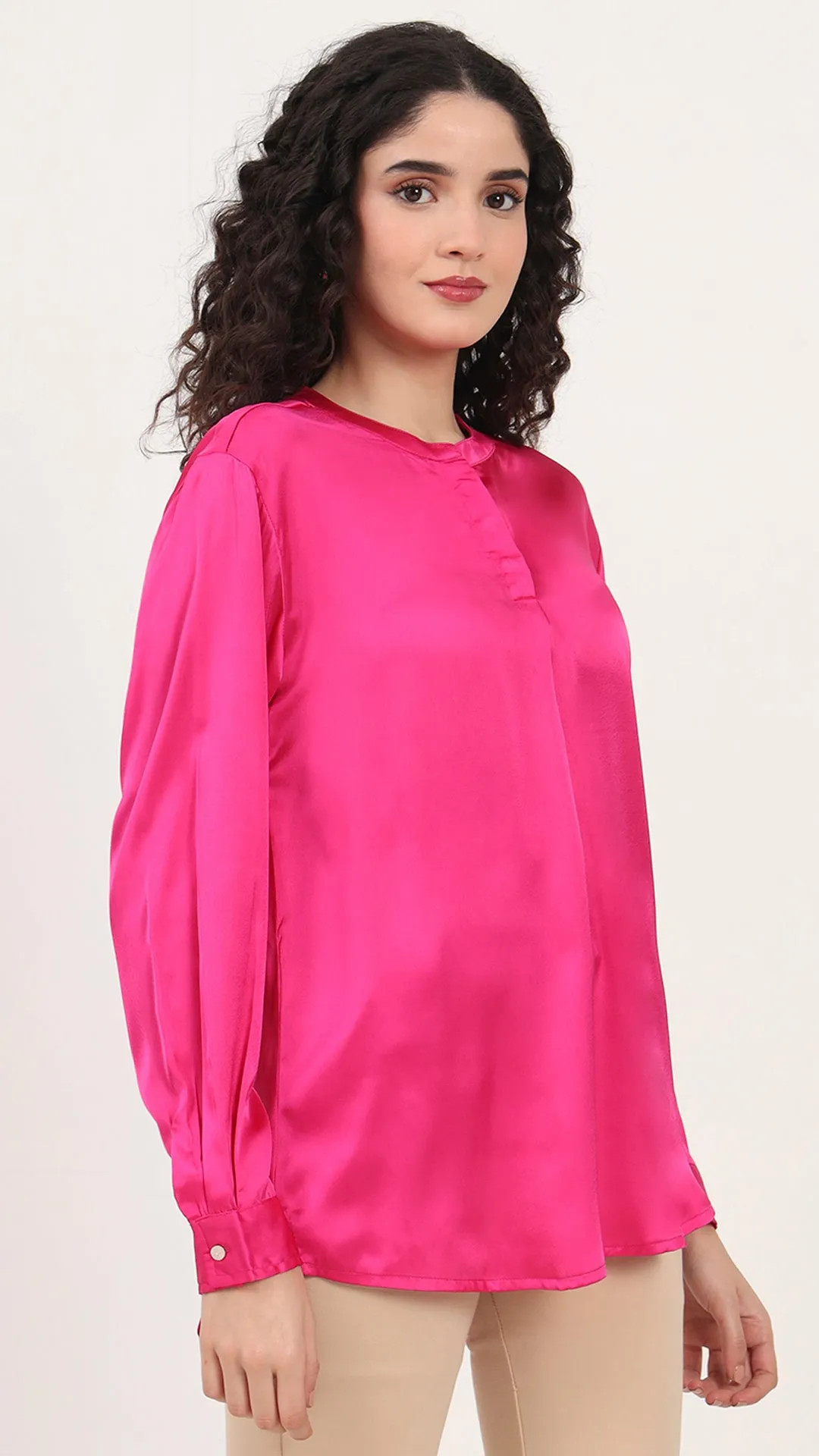 Womens Premium Summer Satin Magenta Front Pleated Tunic