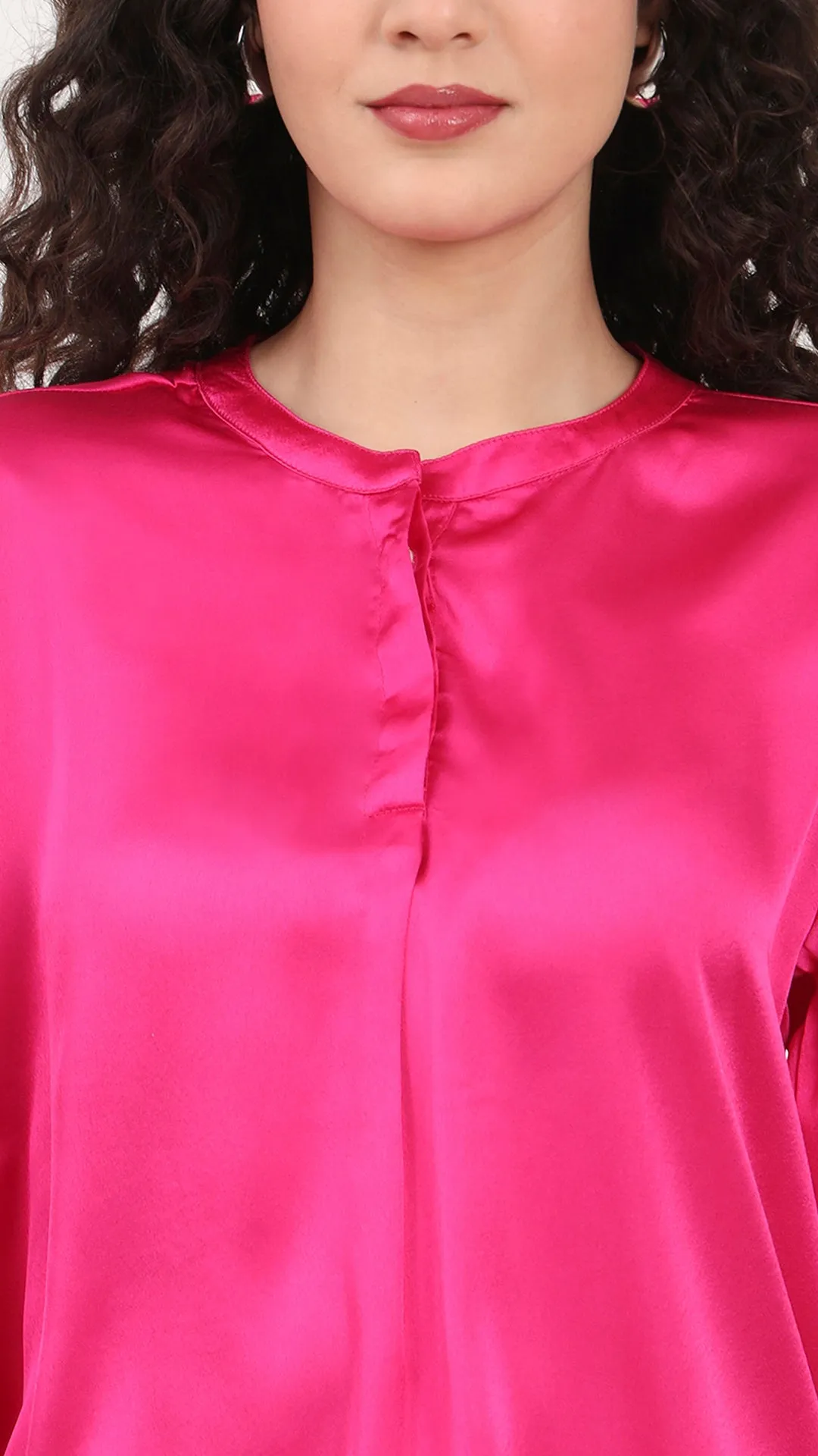 Womens Premium Summer Satin Magenta Front Pleated Tunic