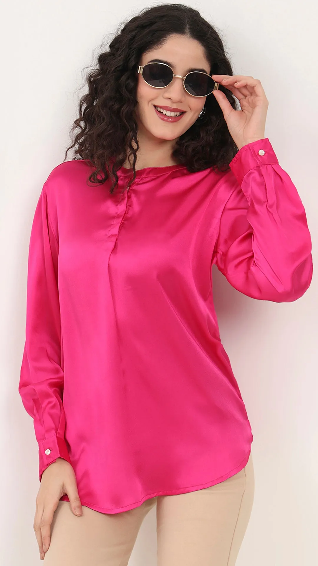 Womens Premium Summer Satin Magenta Front Pleated Tunic