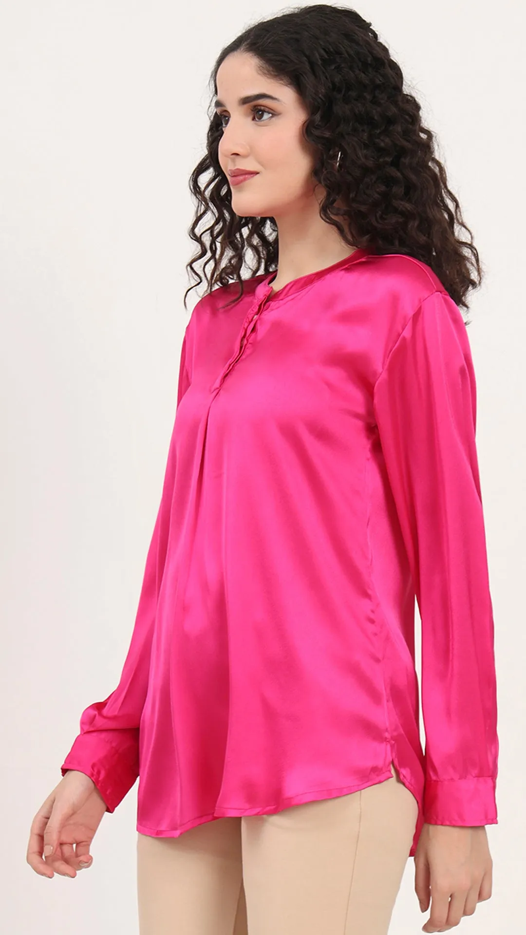 Womens Premium Summer Satin Magenta Front Pleated Tunic