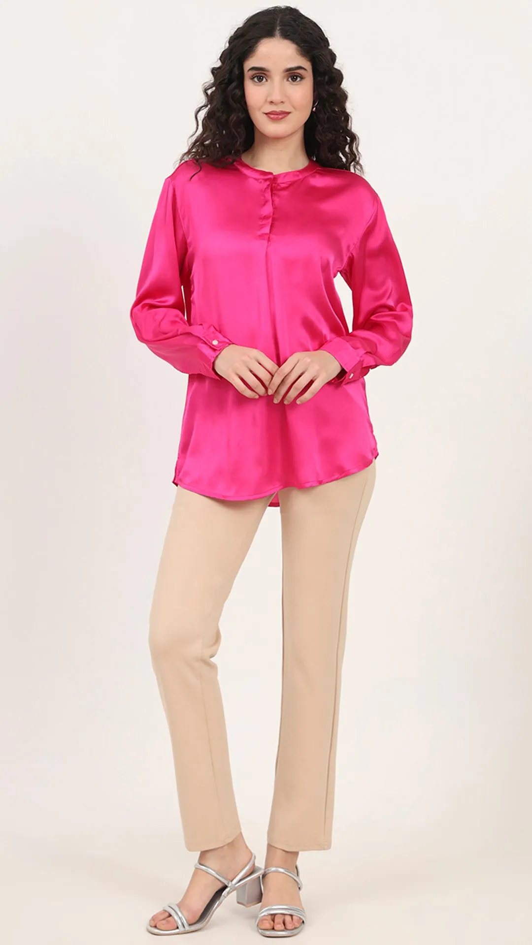 Womens Premium Summer Satin Magenta Front Pleated Tunic